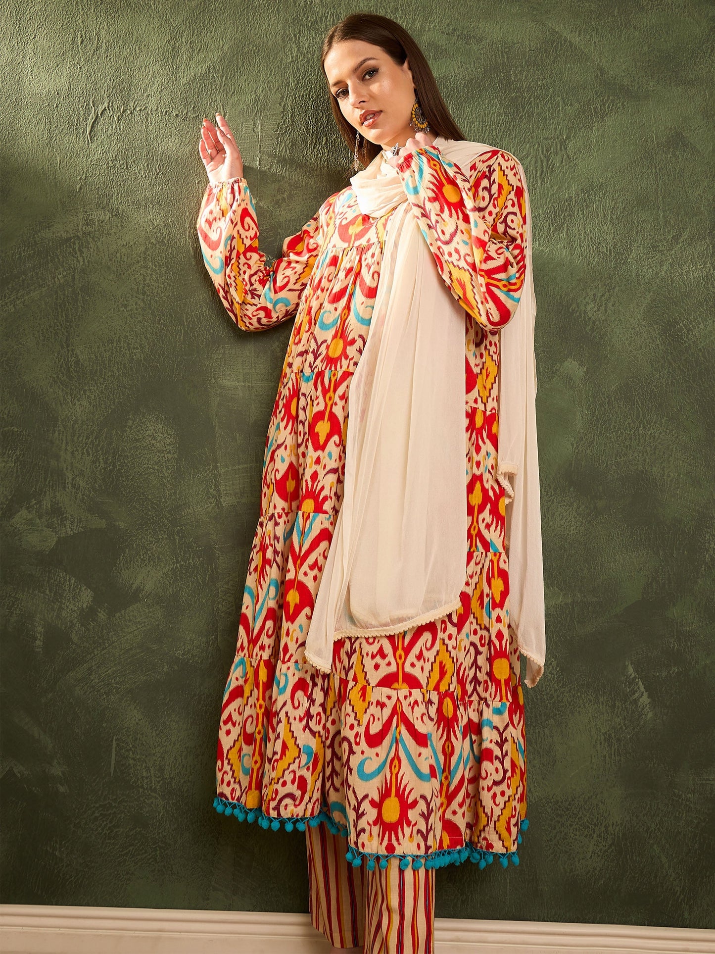 Women's Red & Beige Ikat Tiered Anarkali Kurta Set with Dupatta