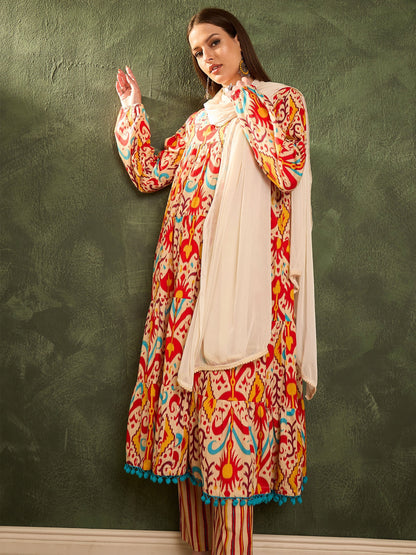 Women's Red & Beige Ikat Tiered Anarkali Kurta Set with Dupatta