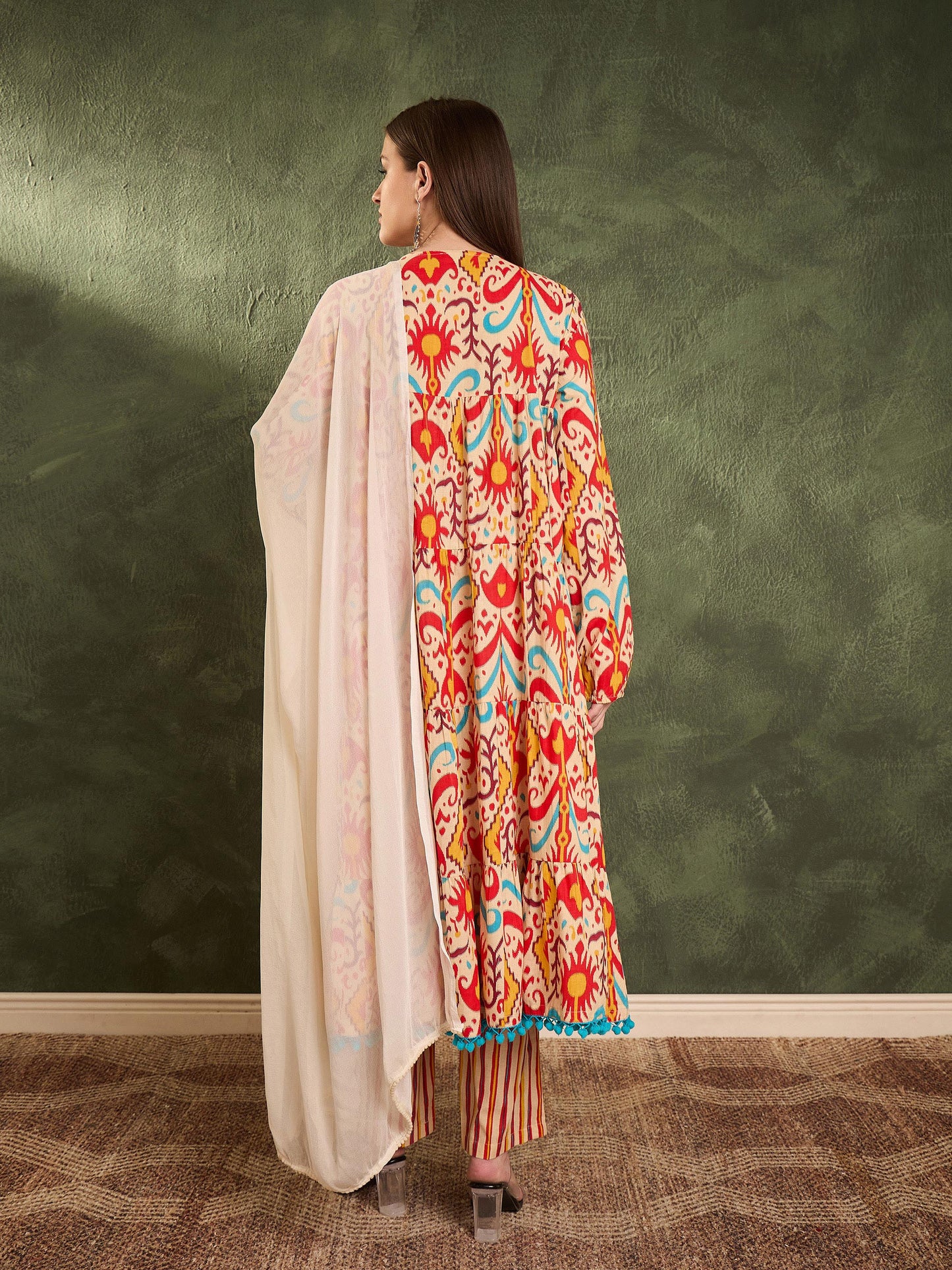 Women's Red & Beige Ikat Tiered Anarkali Kurta Set with Dupatta