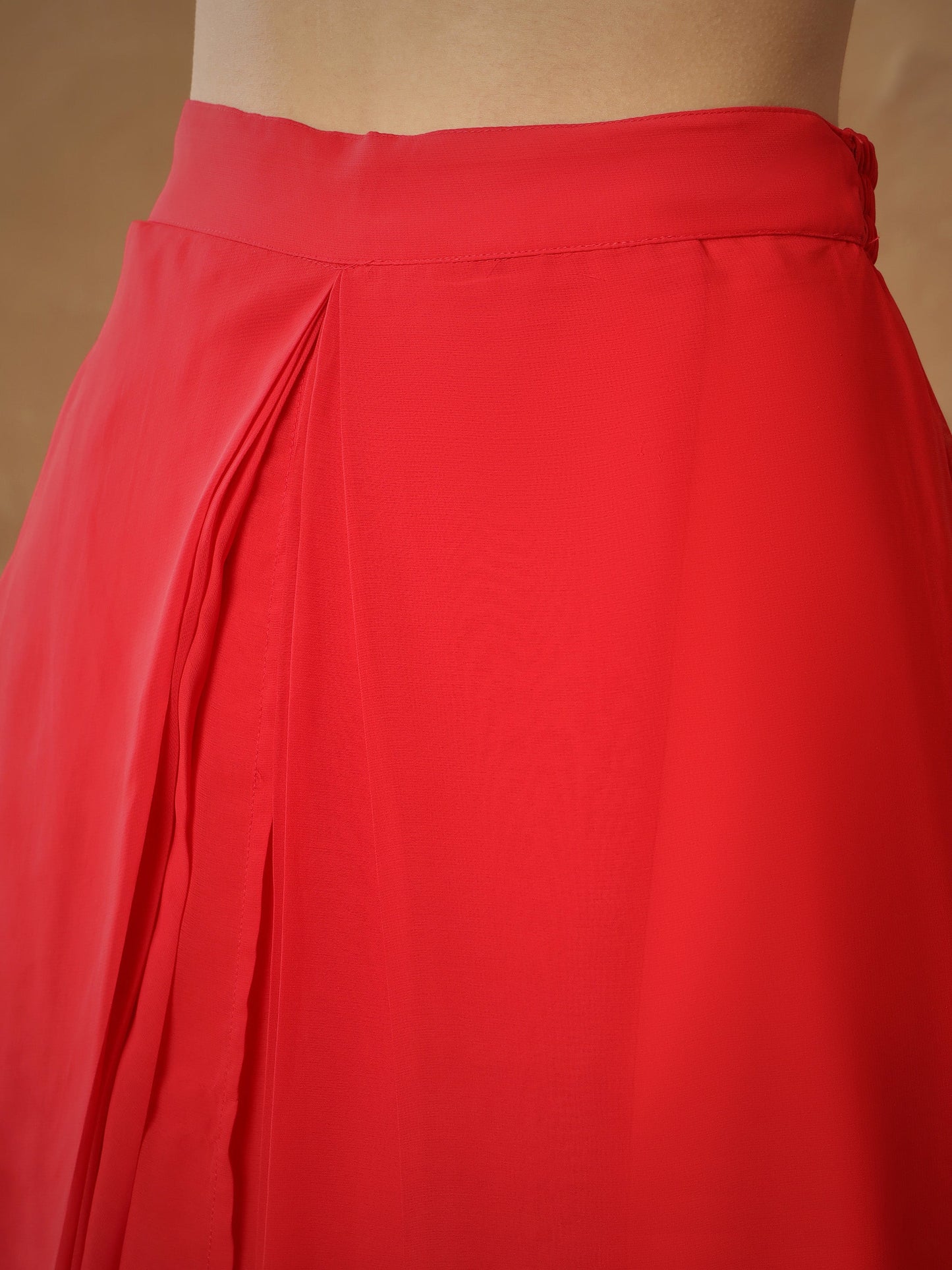 Women's Red Embroidered Square Neck Top With Drape Skirt
