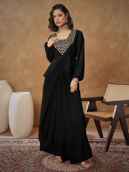 Women's Black Embroidered Square Neck Top With Drape Skirt