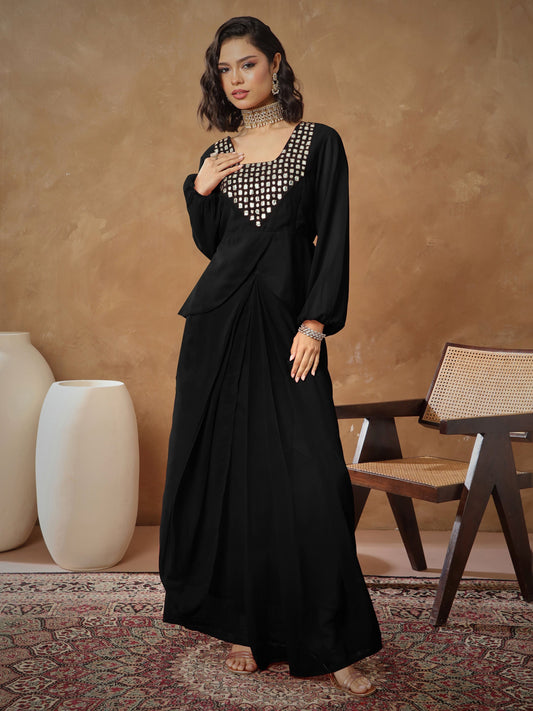 Women's Black Embroidered Square Neck Top With Drape Skirt