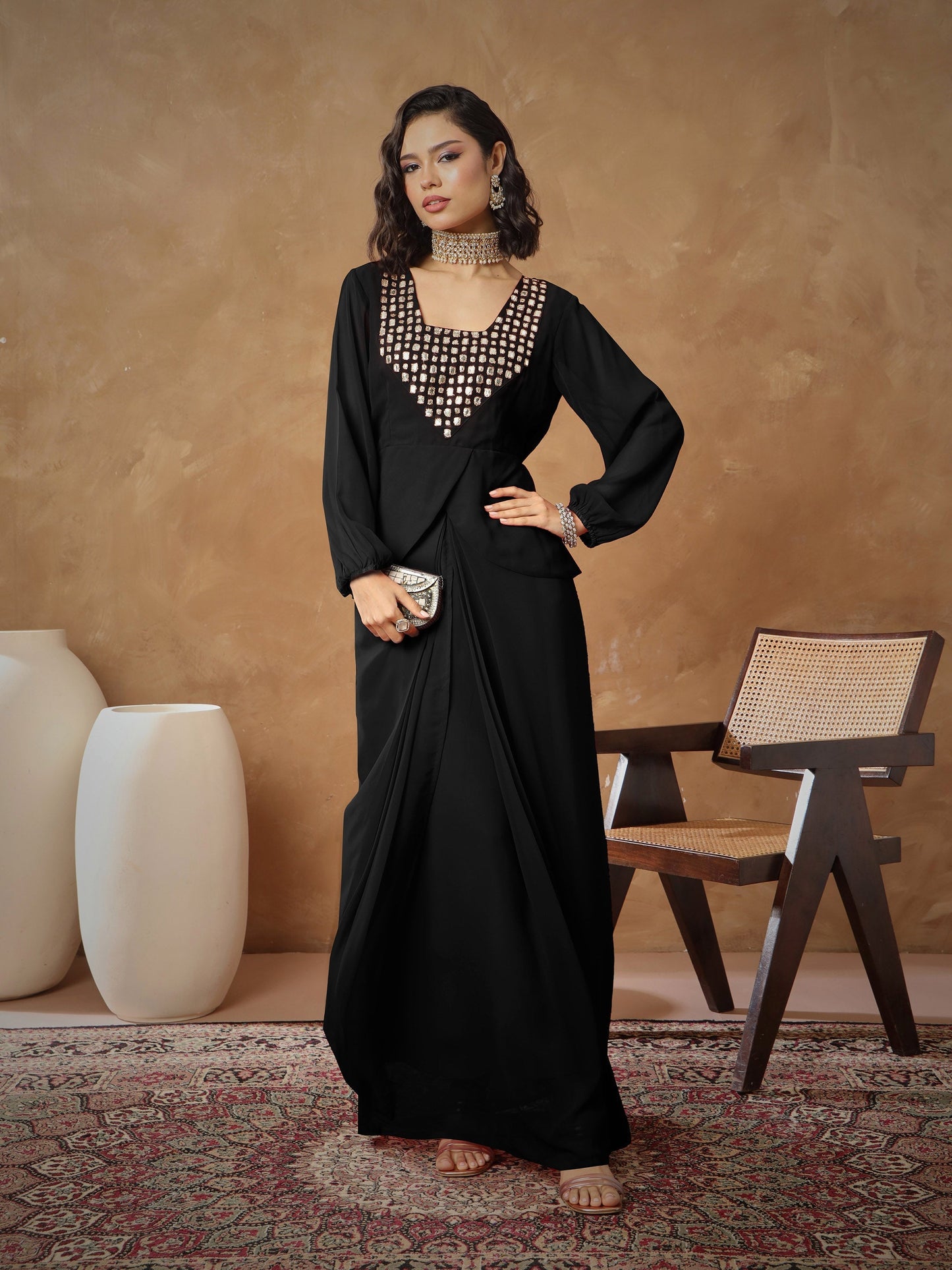 Women's Black Embroidered Square Neck Top With Drape Skirt