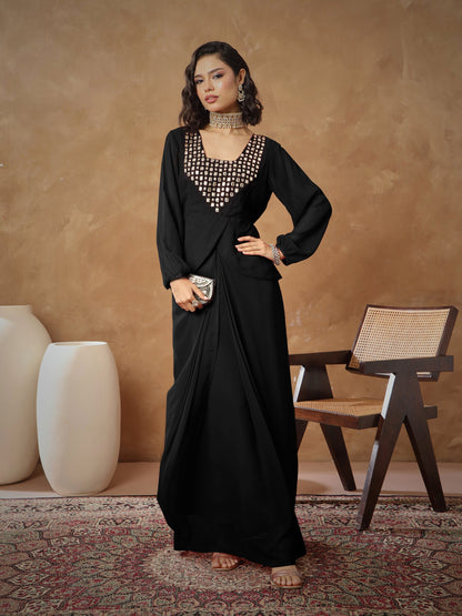 Women's Black Embroidered Square Neck Top With Drape Skirt