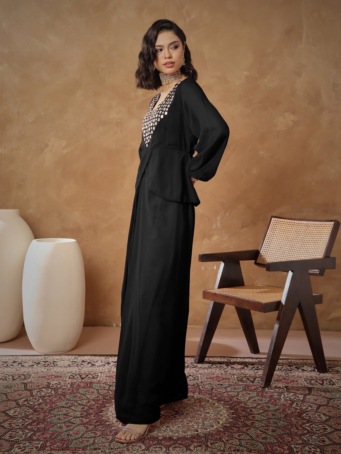 Women's Black Embroidered Square Neck Top With Drape Skirt