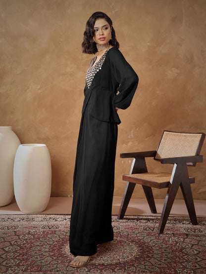 Women's Black Embroidered Square Neck Top With Drape Skirt