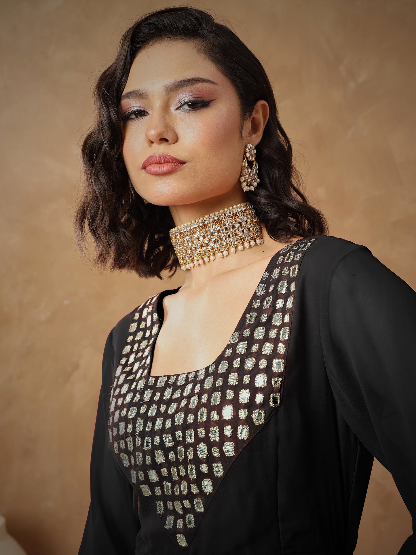 Women's Black Embroidered Square Neck Top With Drape Skirt