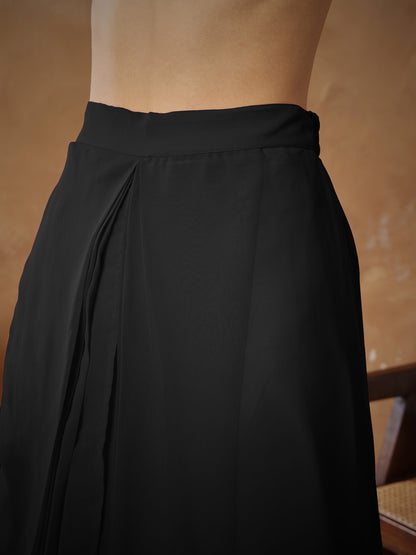 Women's Black Embroidered Square Neck Top With Drape Skirt