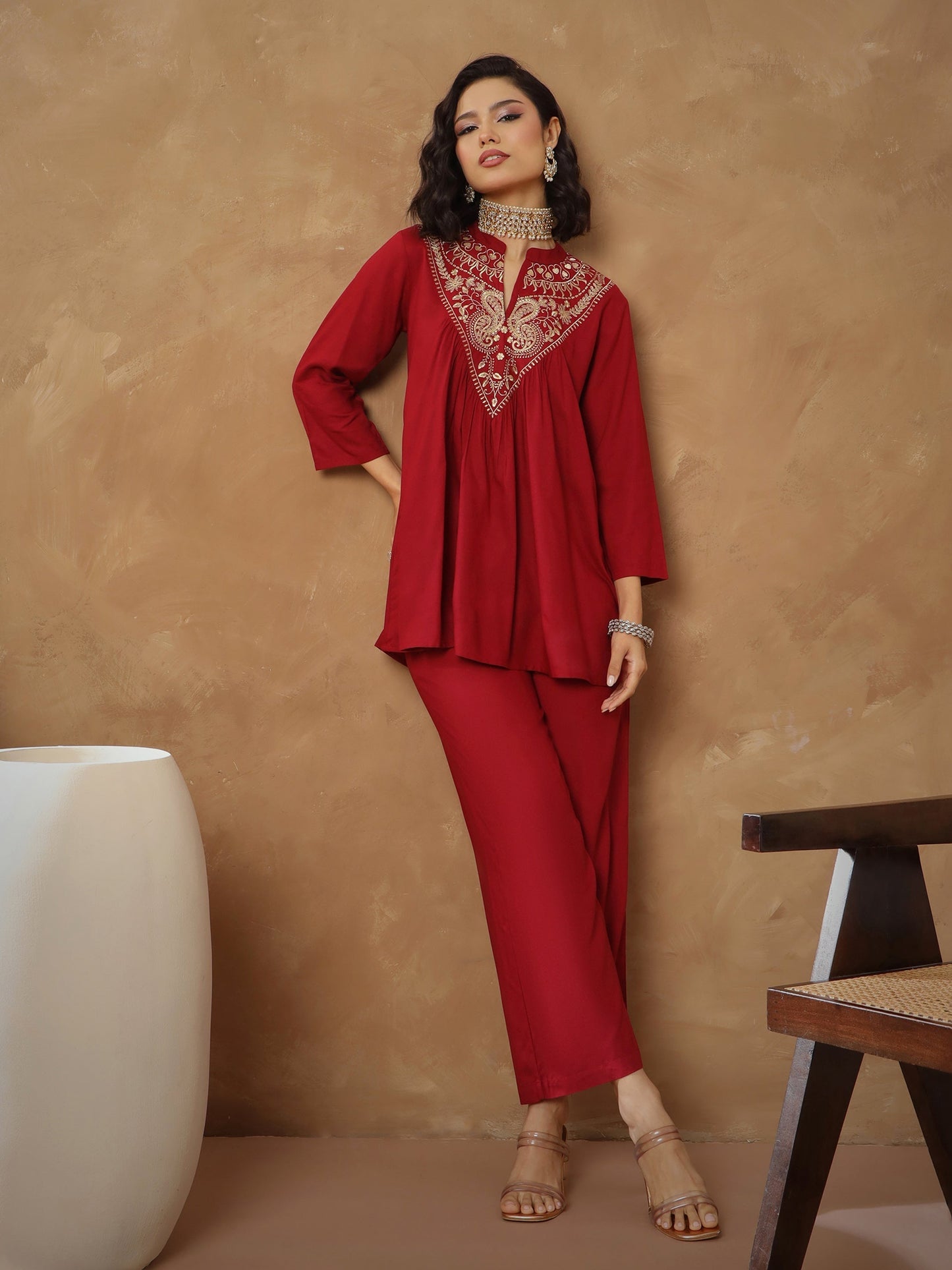Women's Maroon Embroidered Peplum Top With Pants