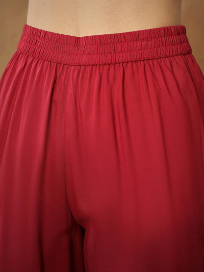 Women's Maroon Embroidered Peplum Top With Pants