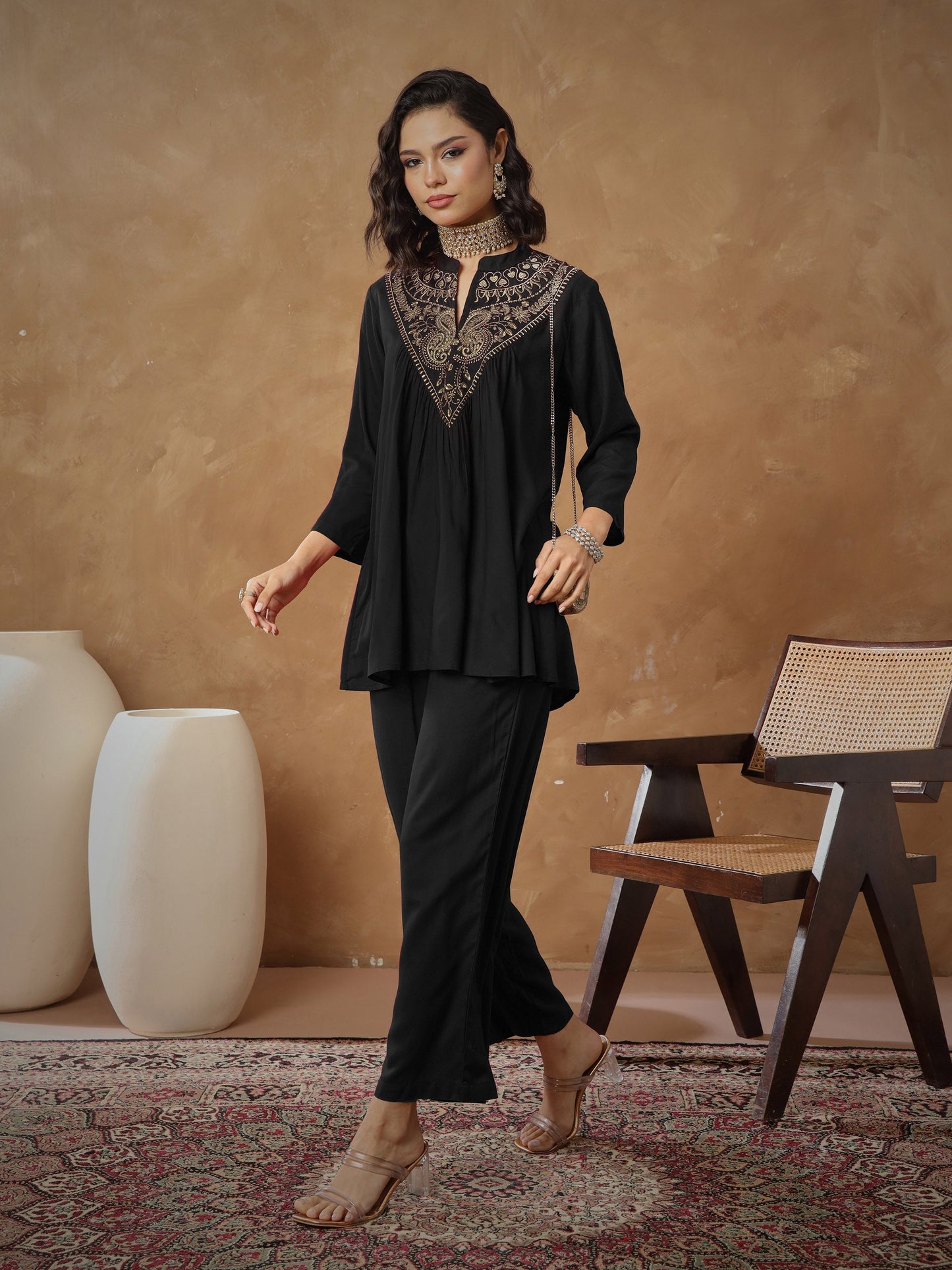Women's Black Embroidered Peplum Top With Pants