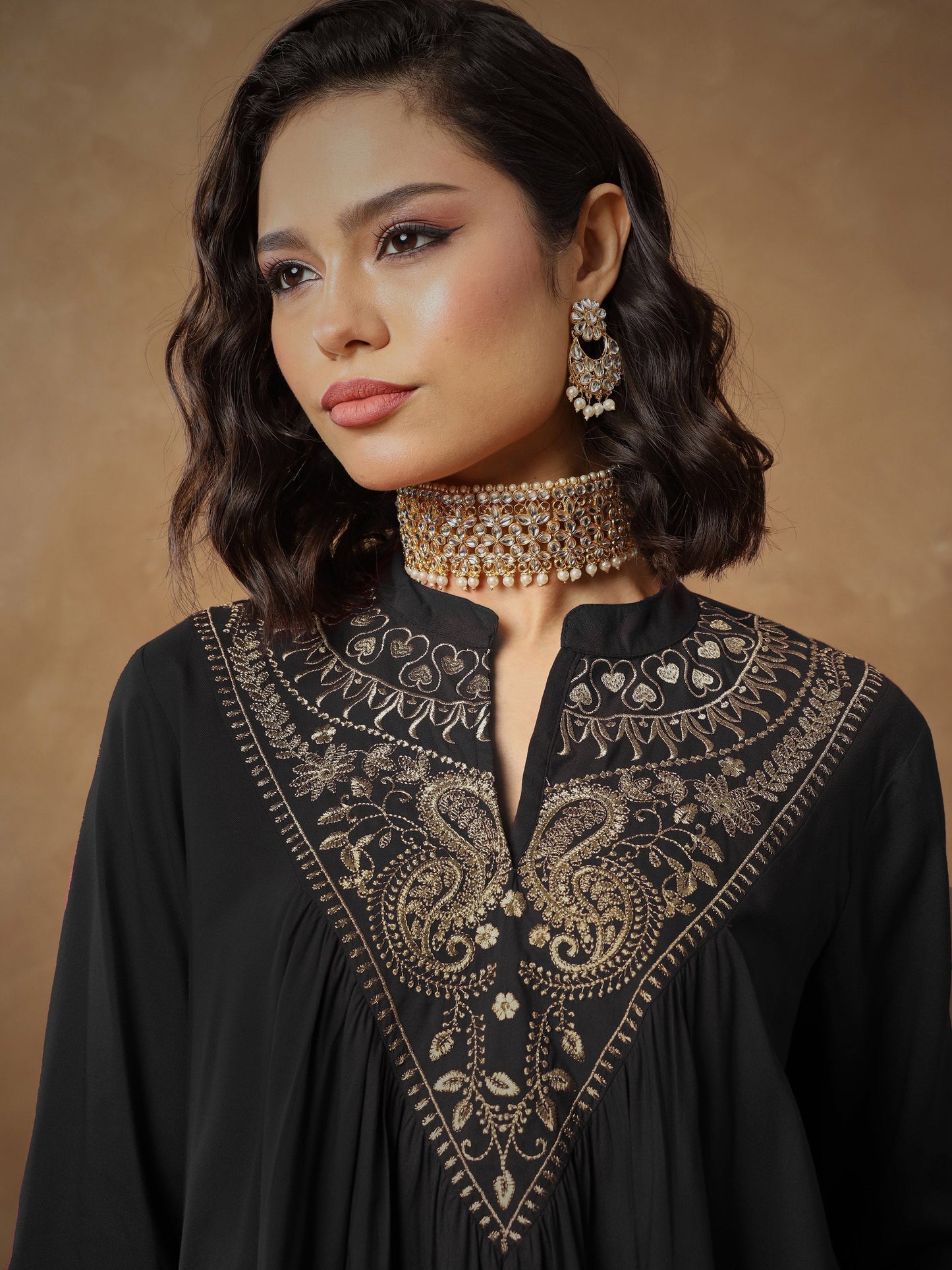 Women's Black Embroidered Peplum Top With Pants