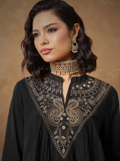 Women's Black Embroidered Peplum Top With Pants