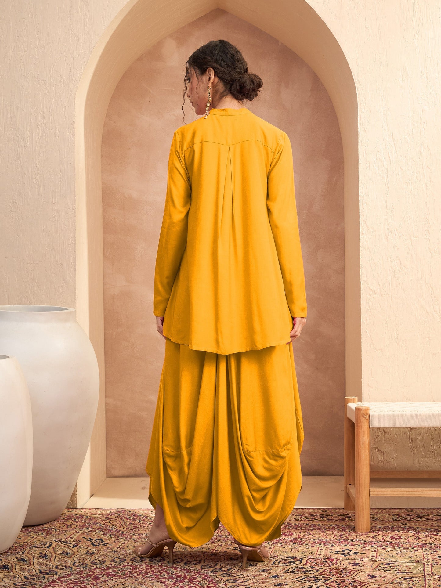 Women's Mustard Embroidered Peplum Top With Dhoti Skirt