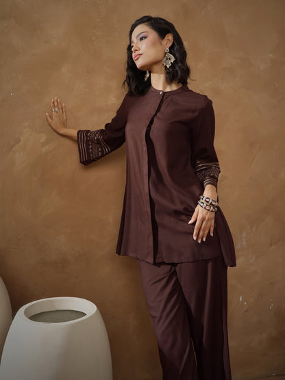 Women's Brown Zari Embroidered Sleeve Top With Pants