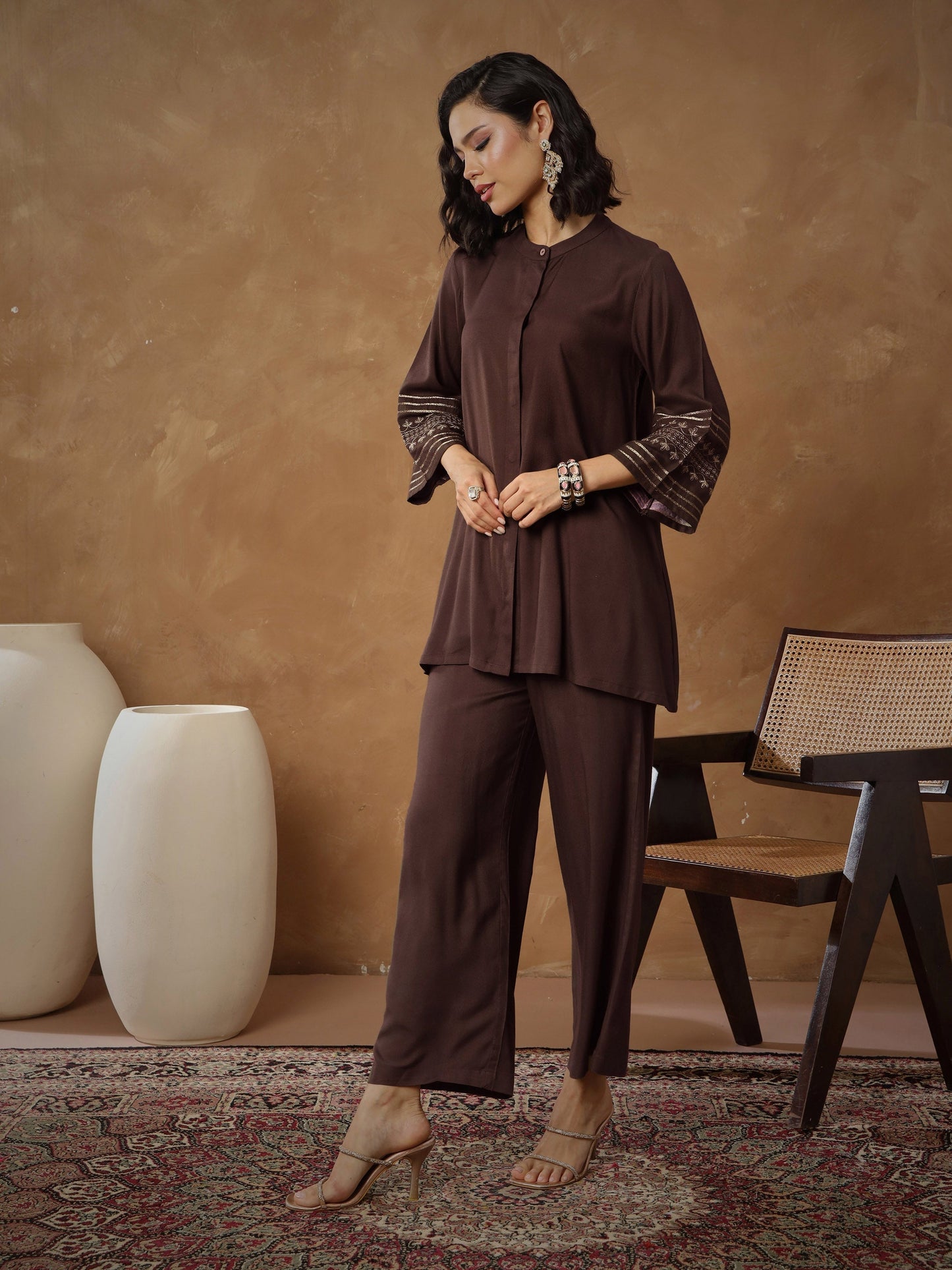 Women's Brown Zari Embroidered Sleeve Top With Pants