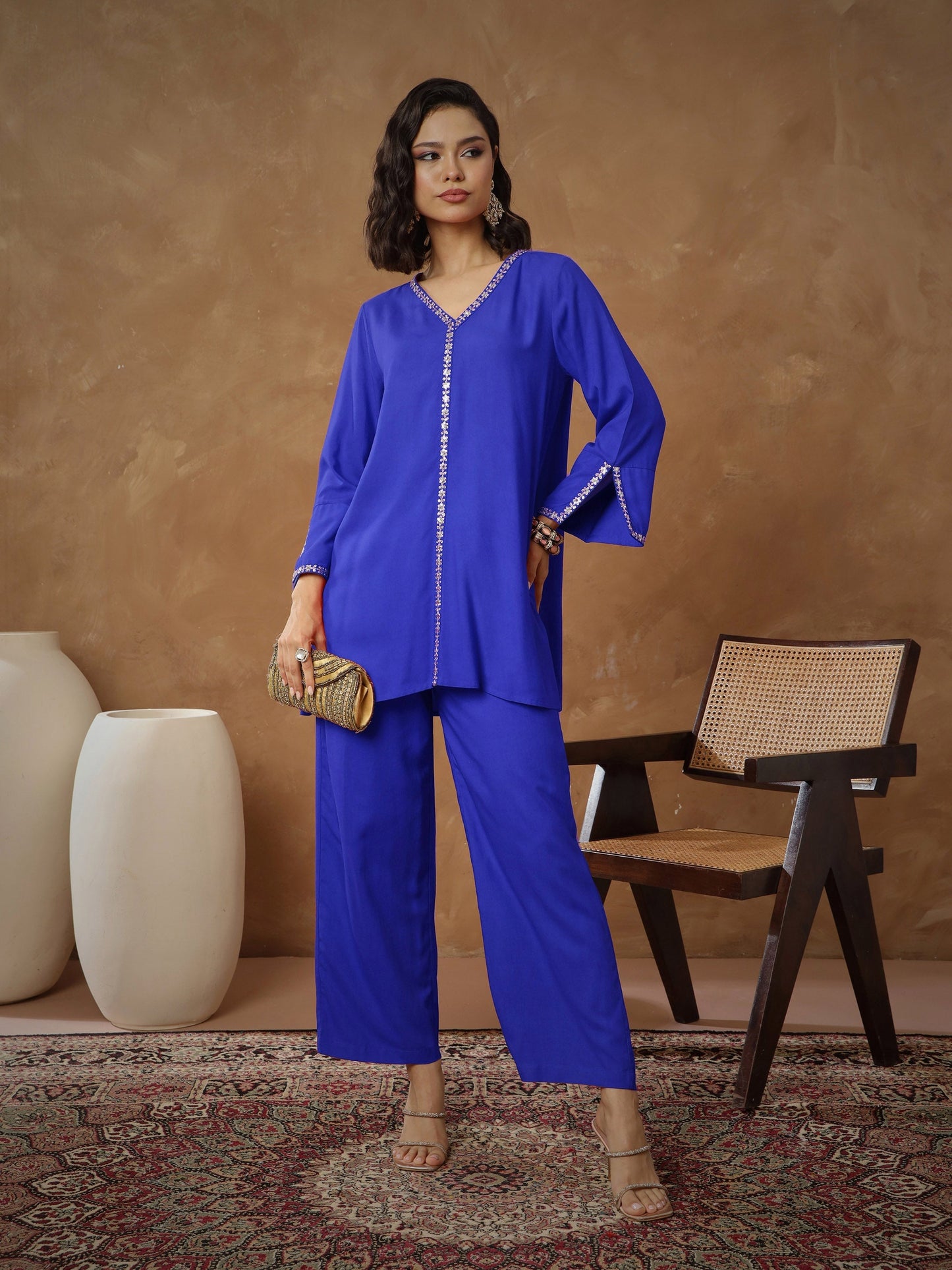 Women's Navy Embroidered A-Line Top With Pants