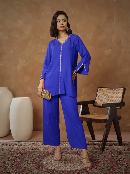 Women's Navy Embroidered A-Line Top With Pants