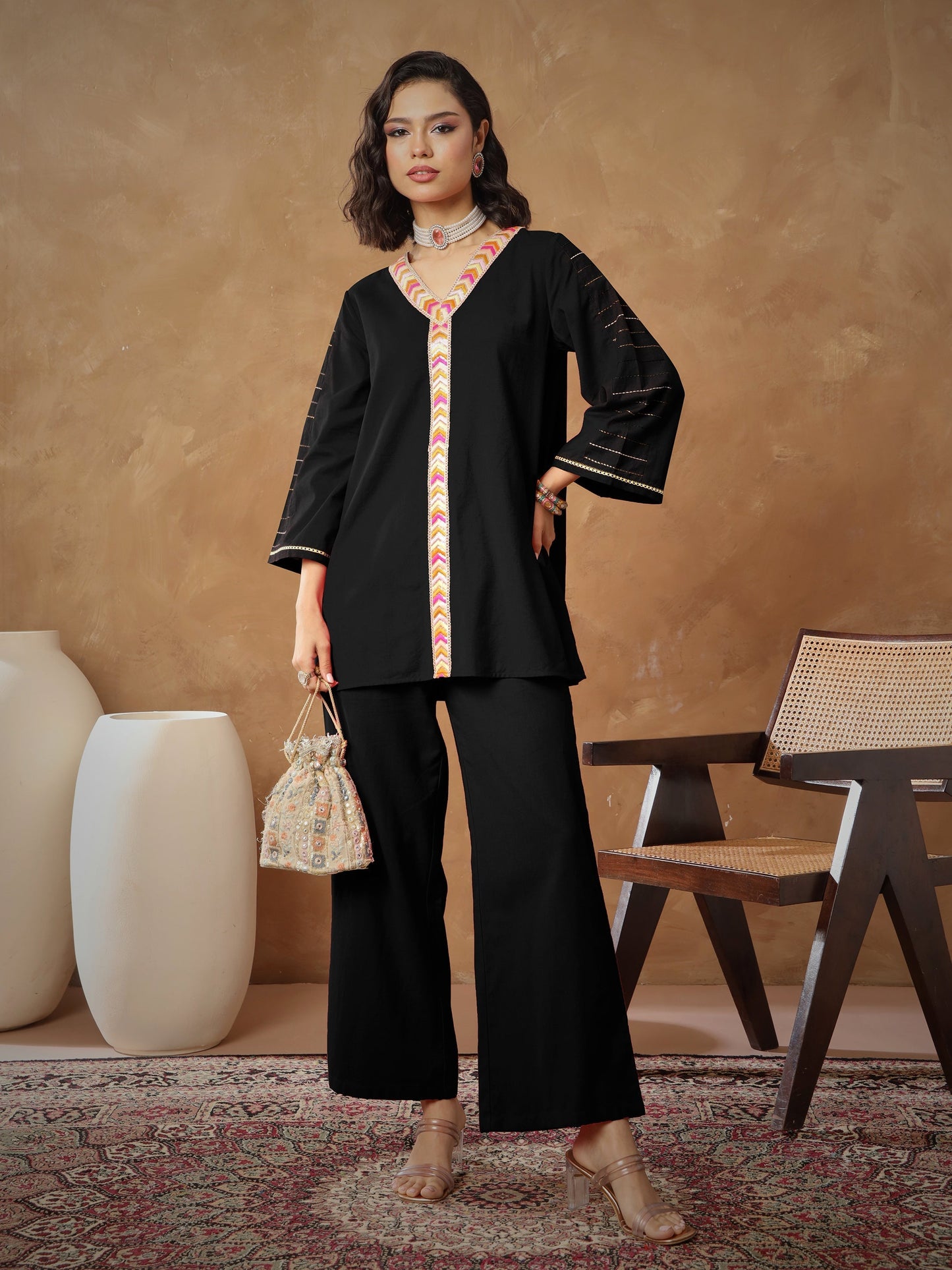 Women's Black Embroidered A-Line Top With Straight Pants