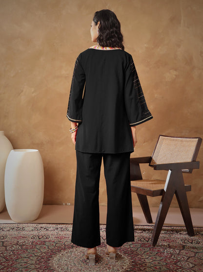 Women's Black Embroidered A-Line Top With Straight Pants