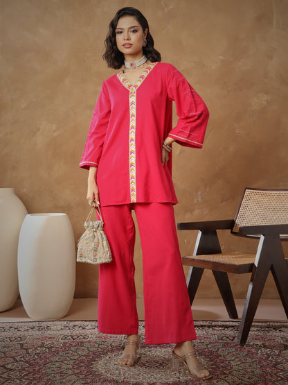 Women's Fuchsia Embroidered A-Line Top With Straight Pants