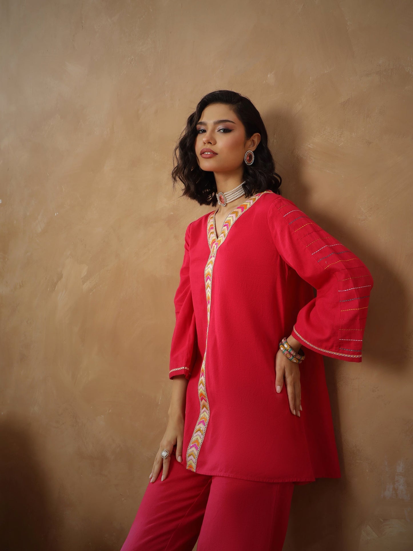 Women's Fuchsia Embroidered A-Line Top With Straight Pants
