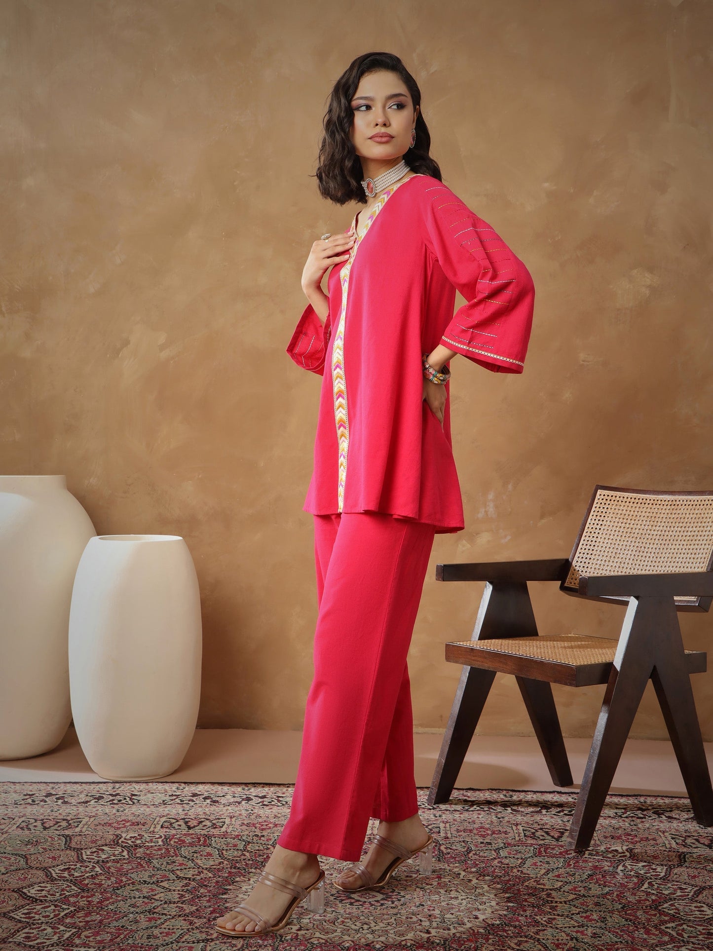 Women's Fuchsia Embroidered A-Line Top With Straight Pants