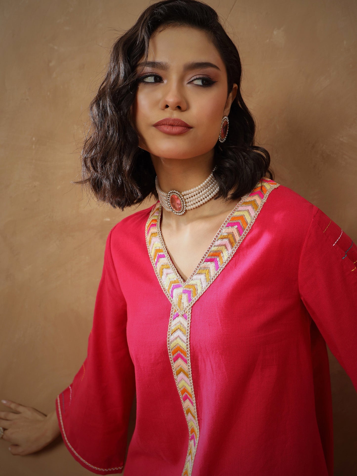 Women's Fuchsia Embroidered A-Line Top With Straight Pants