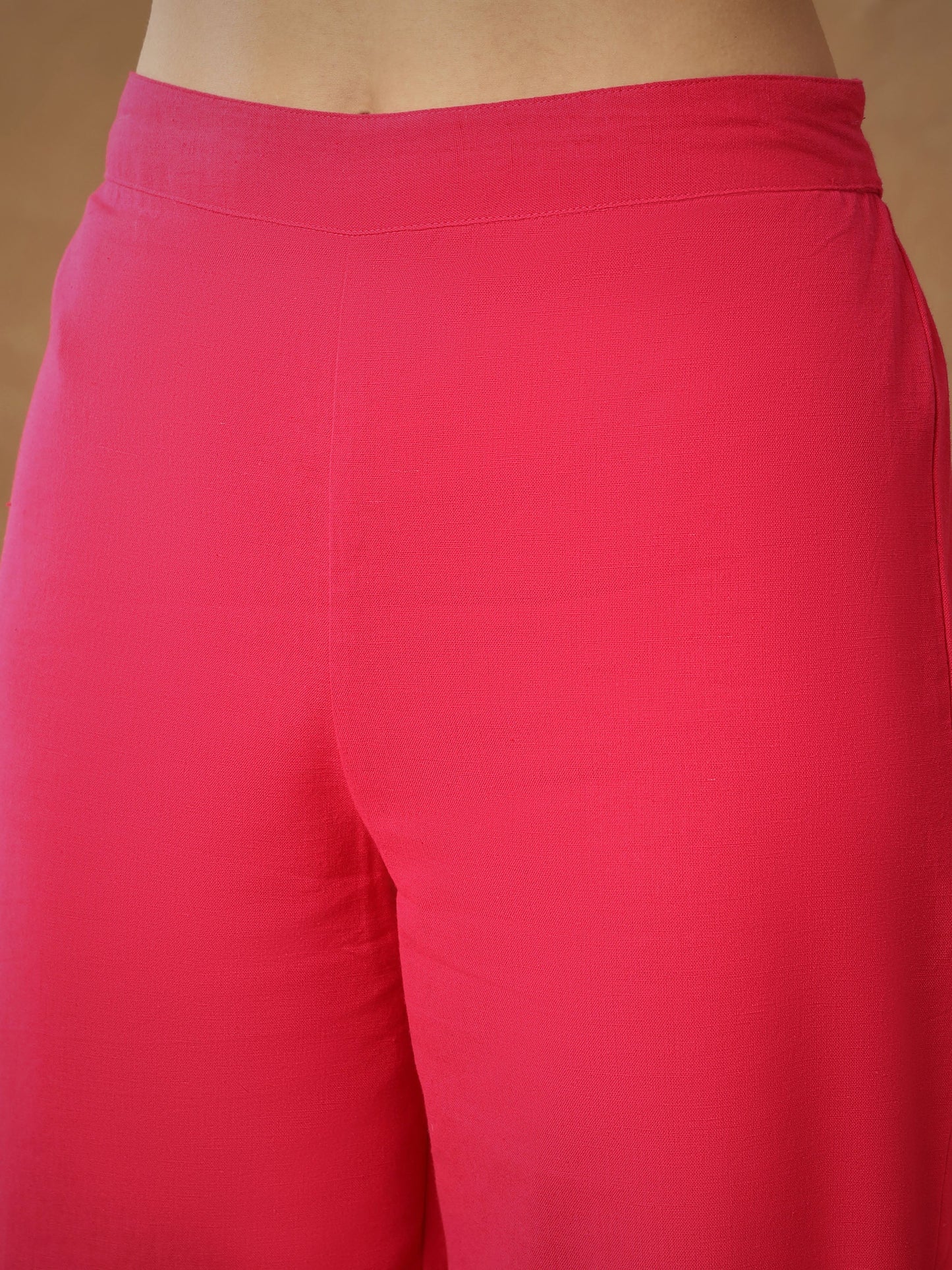 Women's Fuchsia Embroidered A-Line Top With Straight Pants