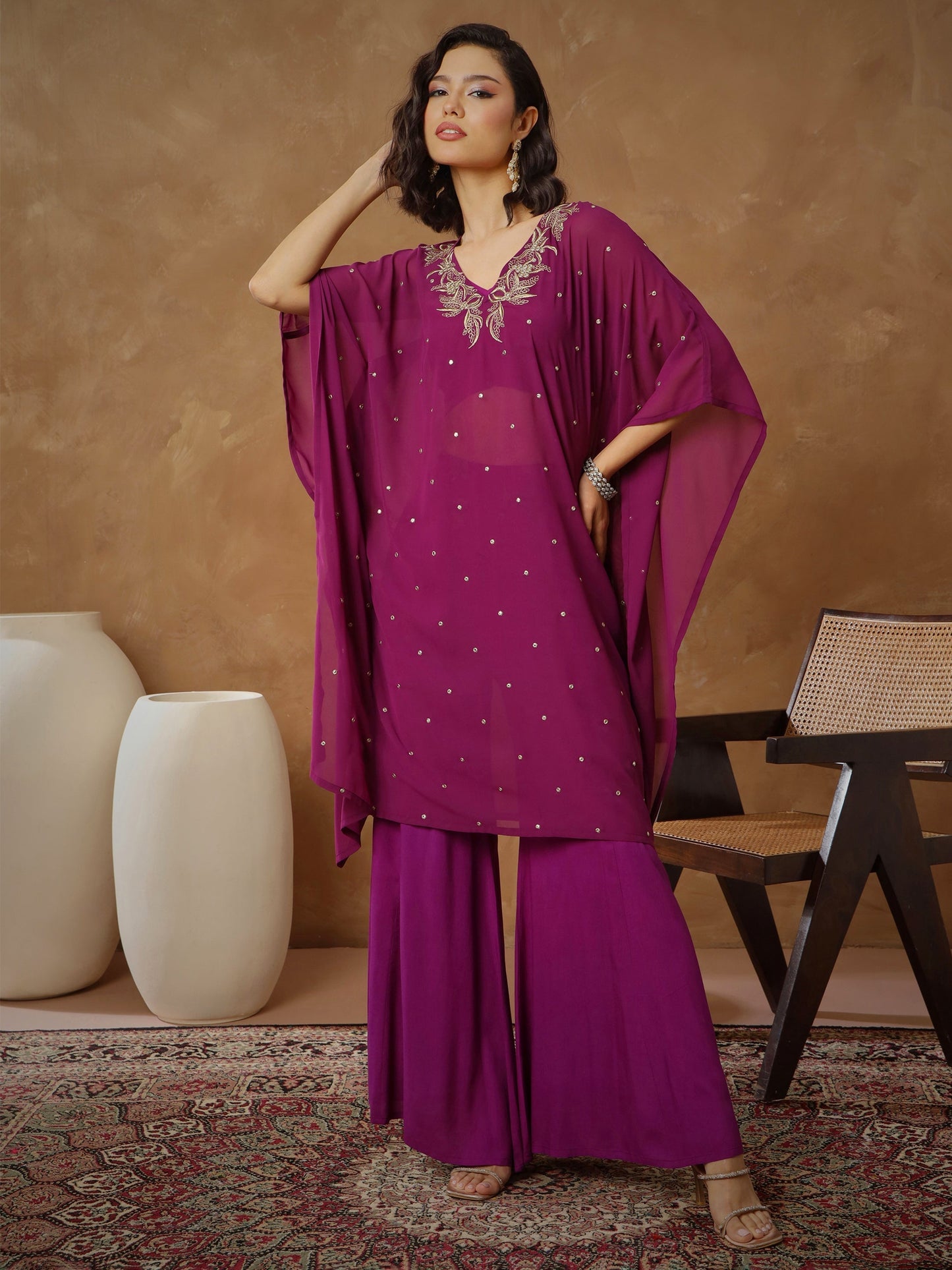 Women's Purple Embroidered Kaftan With Cami & Flared Pants