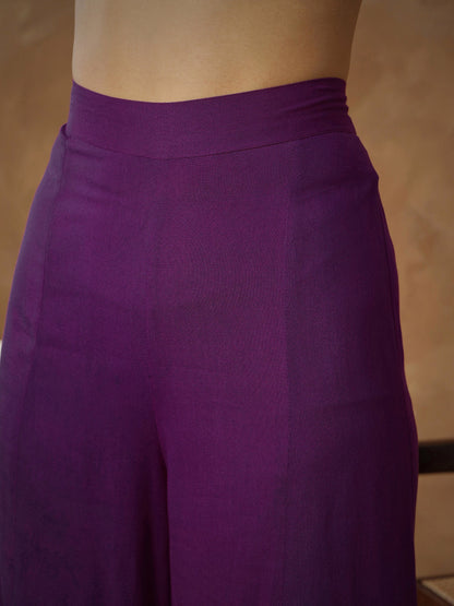Women's Purple Embroidered Kaftan With Cami & Flared Pants