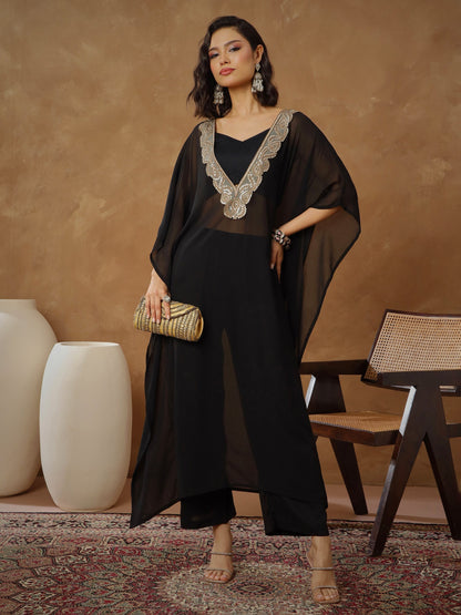 Women's Black Embroidered Kaftan With Cami & Straight Pants