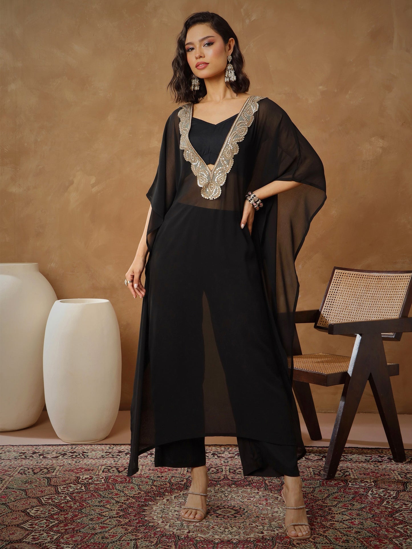 Women's Black Embroidered Kaftan With Cami & Straight Pants