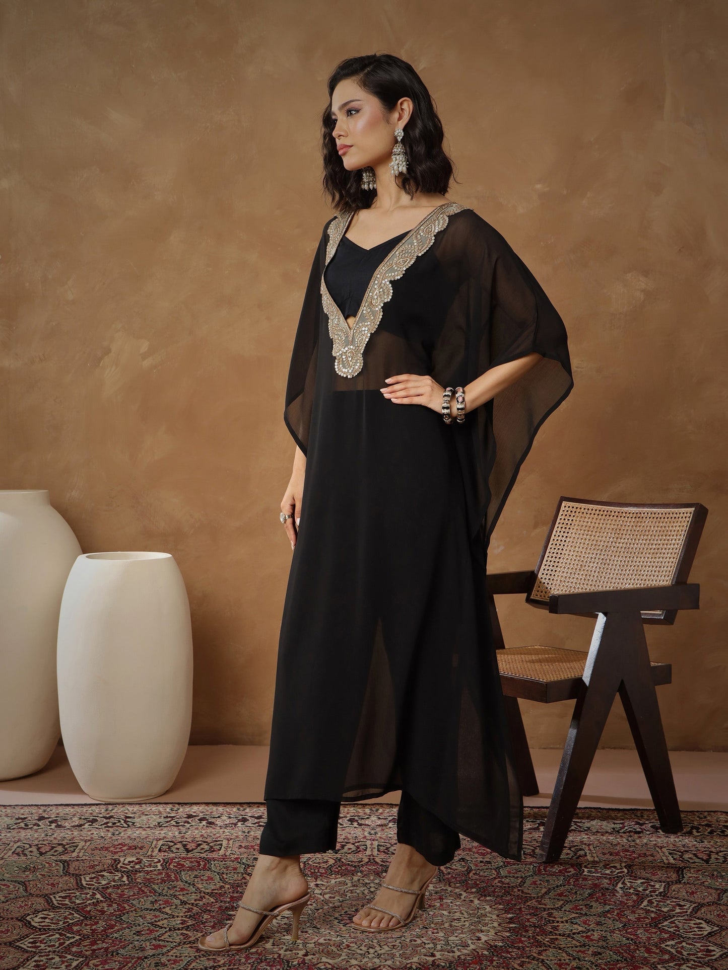 Women's Black Embroidered Kaftan With Cami & Straight Pants