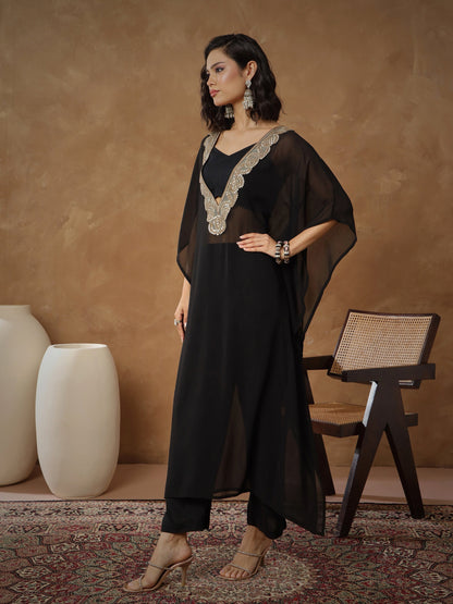 Women's Black Embroidered Kaftan With Cami & Straight Pants