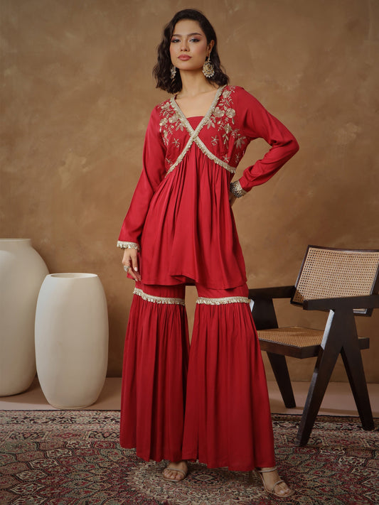 Women's Maroon Embroidered Peplum Kurta With Sharara Pants