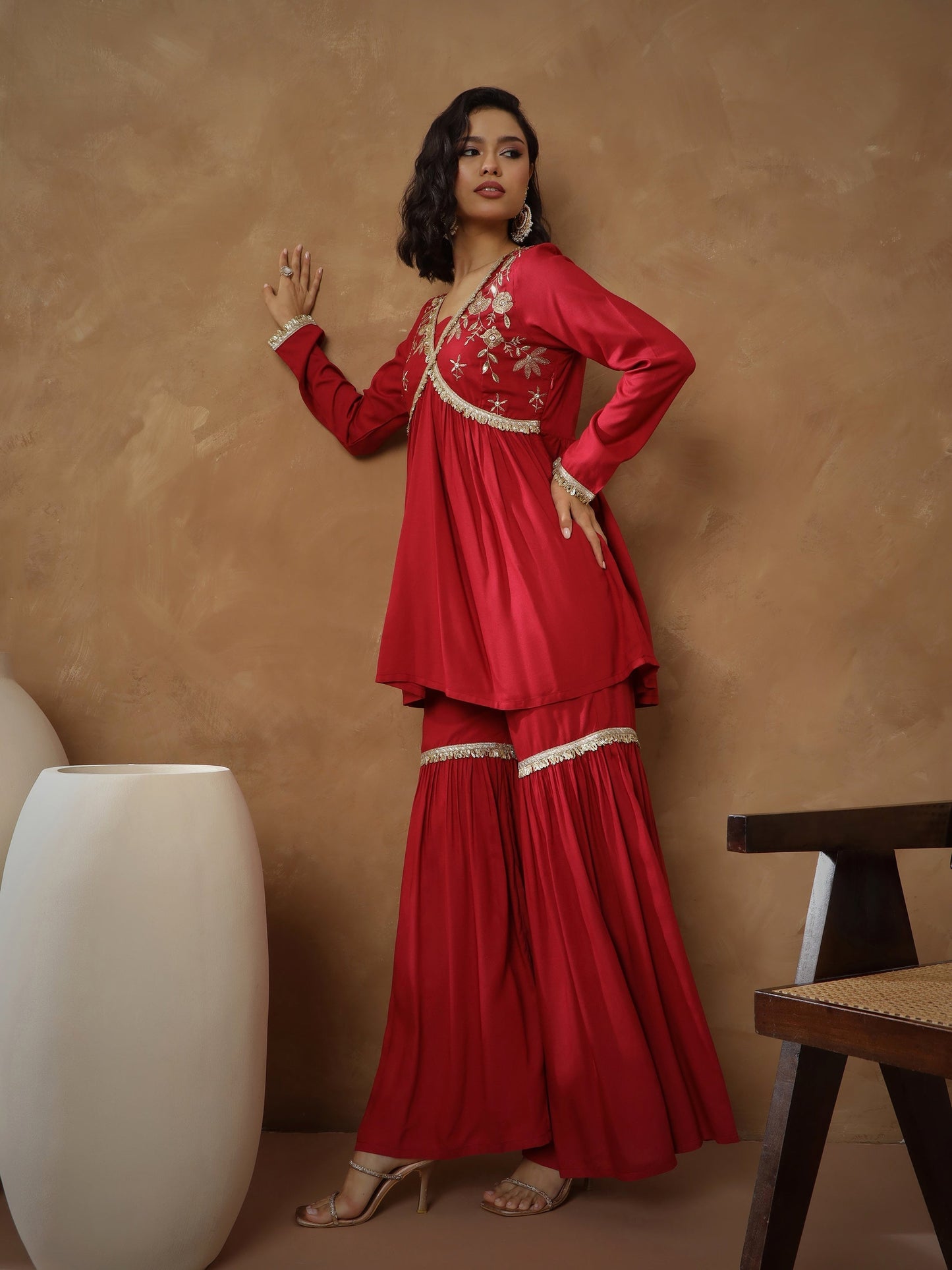Women's Maroon Embroidered Peplum Kurta With Sharara Pants