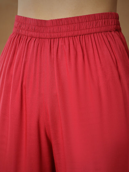 Women's Maroon Embroidered Peplum Kurta With Sharara Pants