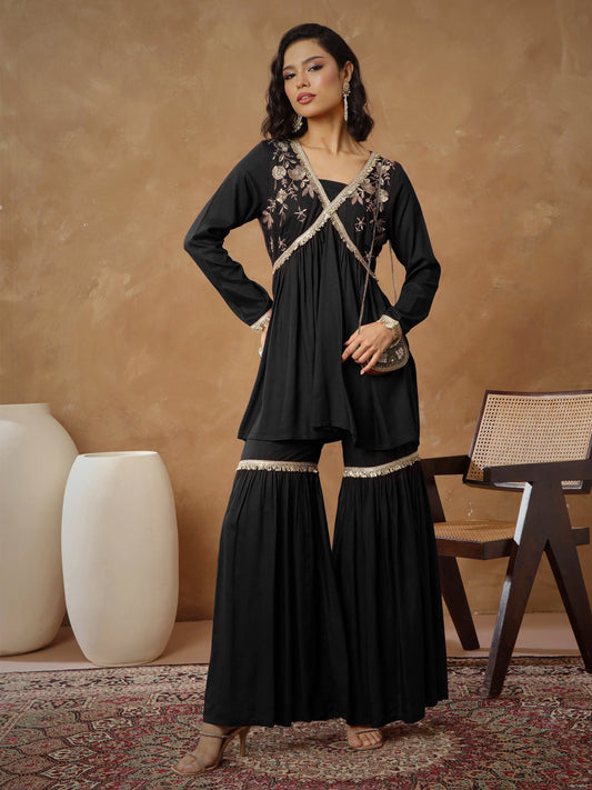 Women's Black Embroidered Peplum Kurta With Sharara Pants