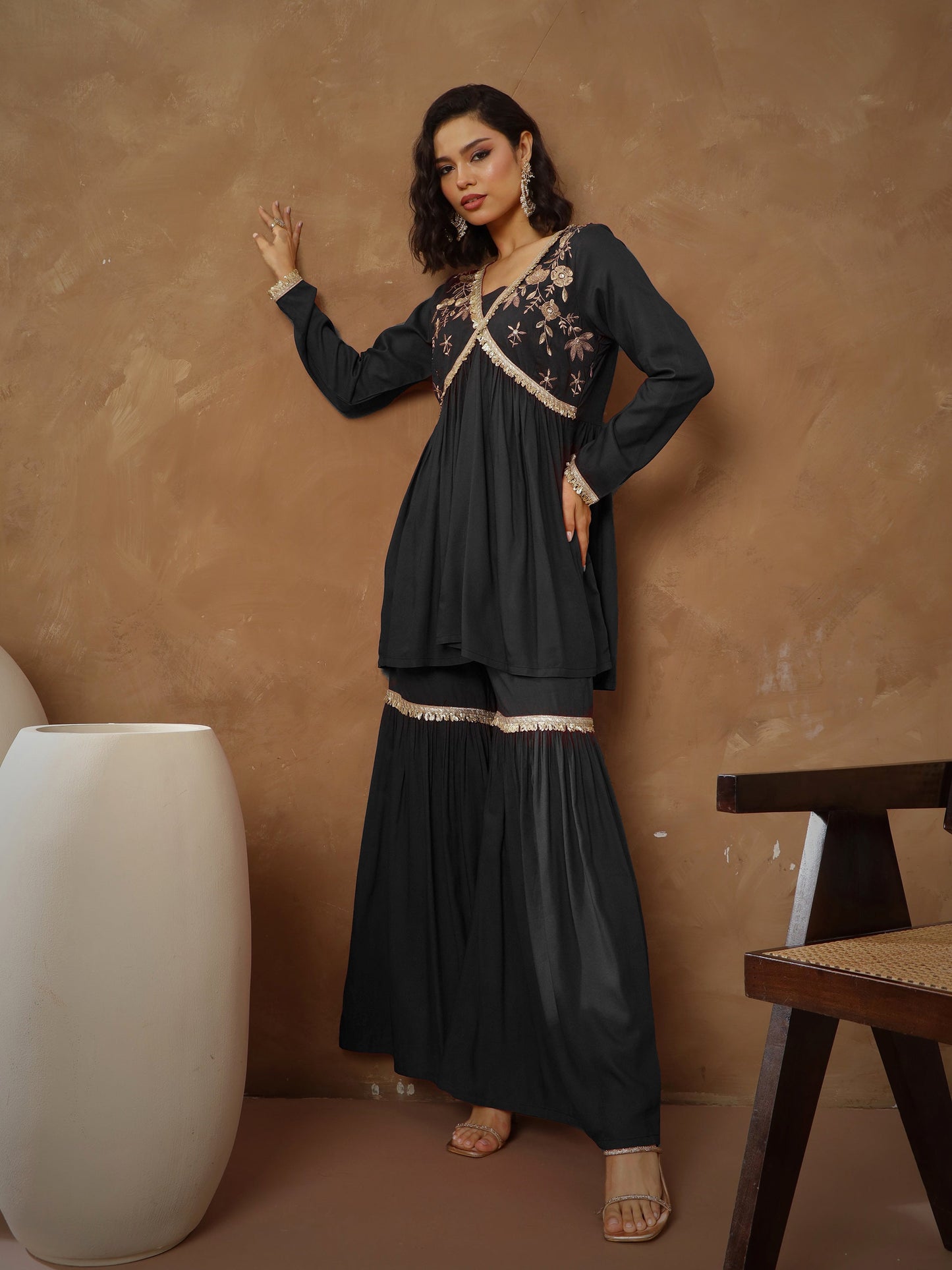 Women's Black Embroidered Peplum Kurta With Sharara Pants