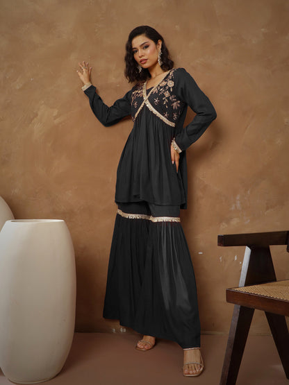Women's Black Embroidered Peplum Kurta With Sharara Pants