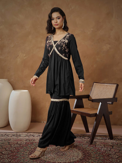 Women's Black Embroidered Peplum Kurta With Sharara Pants