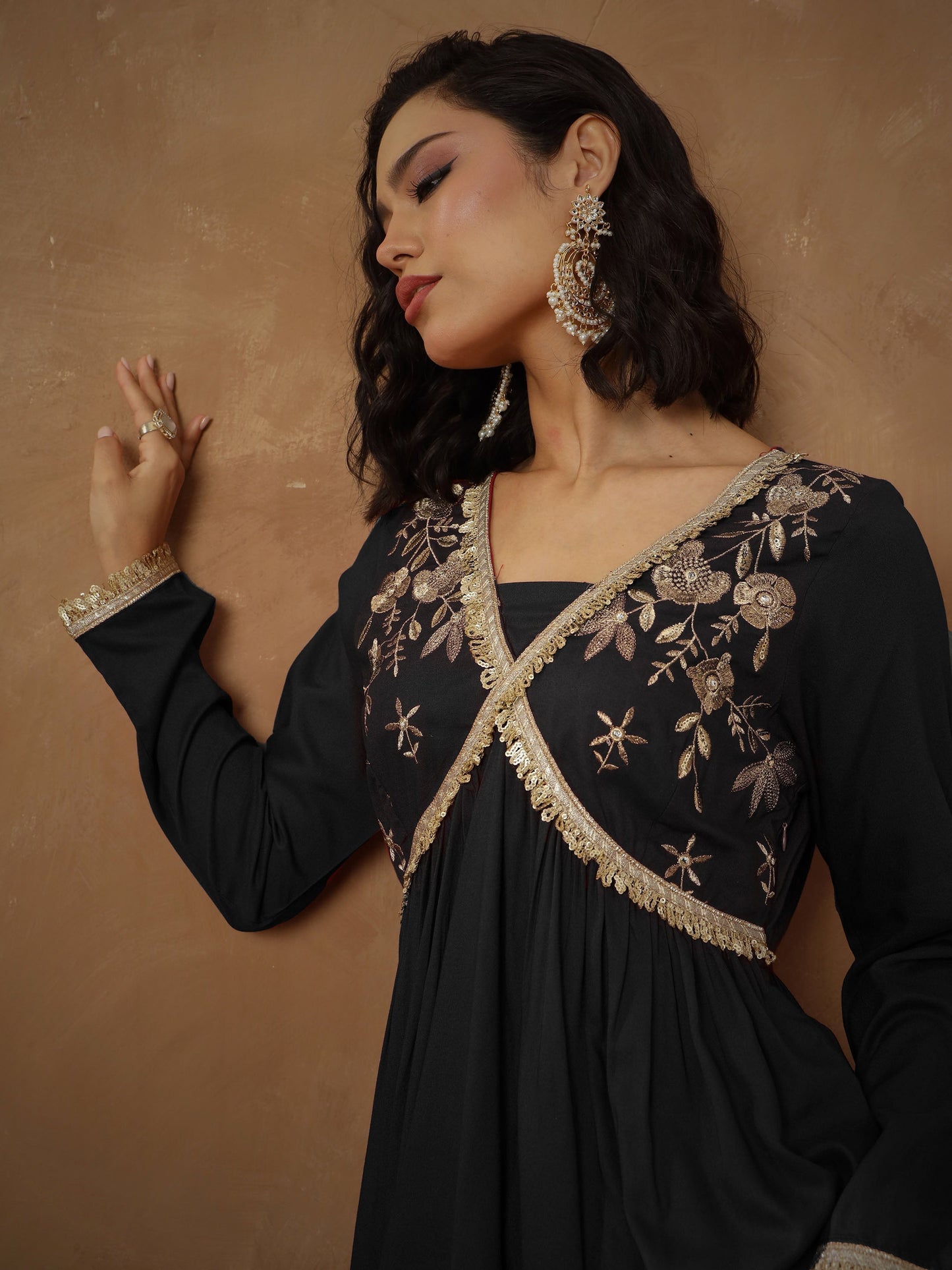 Women's Black Embroidered Peplum Kurta With Sharara Pants