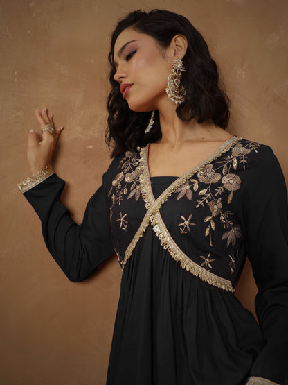 Women's Black Embroidered Peplum Kurta With Sharara Pants