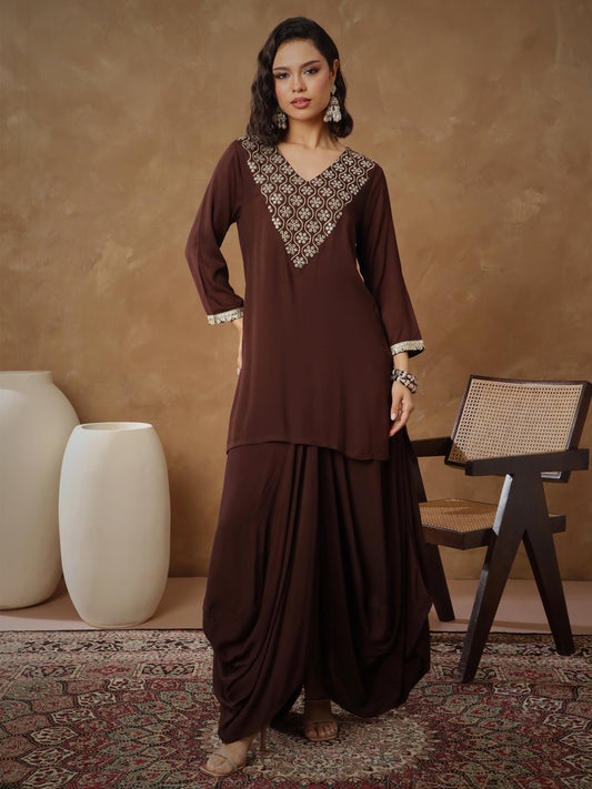 Women's Brown Embroidered Short Kurta With Dhoti Skirt