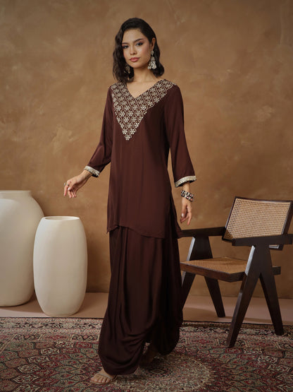 Women's Brown Embroidered Short Kurta With Dhoti Skirt