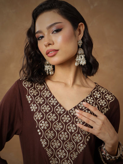 Women's Brown Embroidered Short Kurta With Dhoti Skirt
