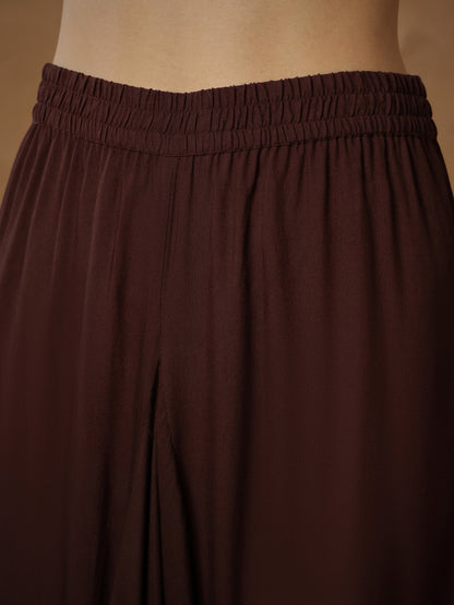 Women's Brown Embroidered Short Kurta With Dhoti Skirt
