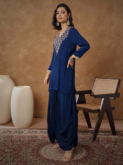 Women's Navy Embroidered Short Kurta With Dhoti Skirt