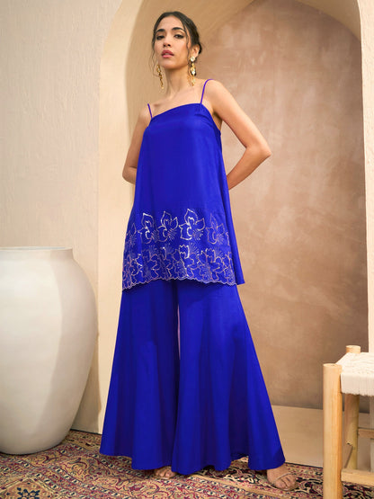 Women's Navy Embroidered Strappy Kurta With Palazzos